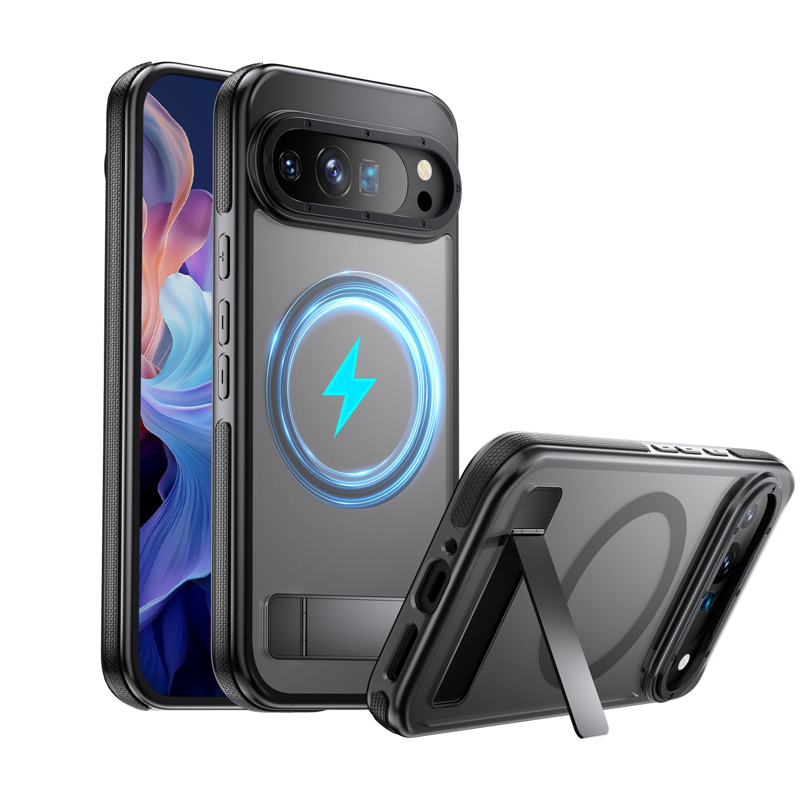 Cverny Magnetic Stand Phone Case Compatible with Google Pixel 9 Pro XL Protective Cellphone Case Compatible with Magsafe Wireless Charging Shockproof with Metal Ring Holder for Home Office Travel