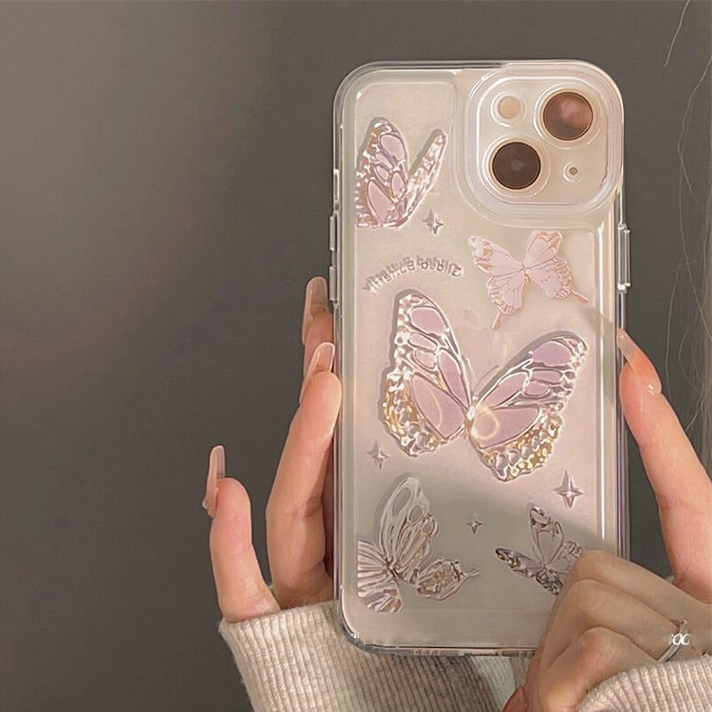 Clear Purple Butterfly Cute Transparent Phone Case for iPhone 15 Case Protective Cover Shockproof Cases for Apple iPhone 15 6.1"