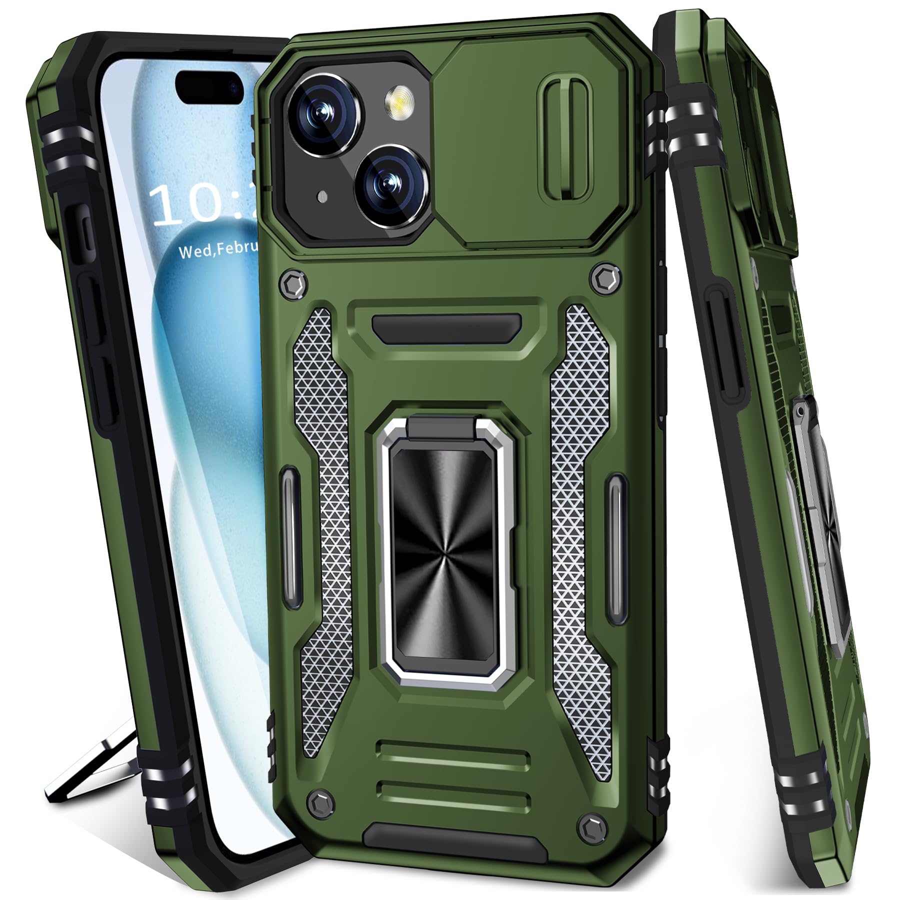 BaHaHoues for iPhone 15 Case with Slide Camera Cover iPhone 15 Phone Case with Magnetic Kickstand Ring Military Grade Shockproof Protective Case for iPhone 15 6.1 inch (Olive Green)