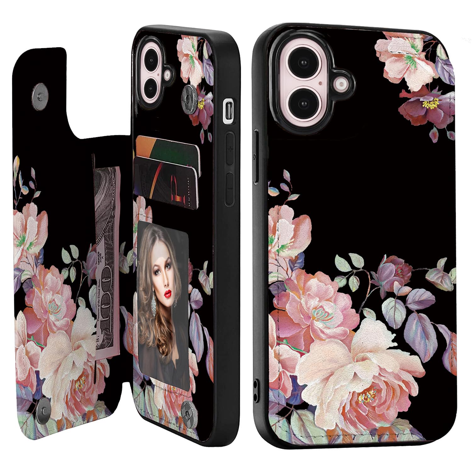 Crosspace Women Phone Wallet Case Compatible for iPhone 16 with Card HolderPremuim Leather with Flowers add Good Feelings CharmsEasily 3 CardsKickstandRaised Coner Protections(Black6.1inch)