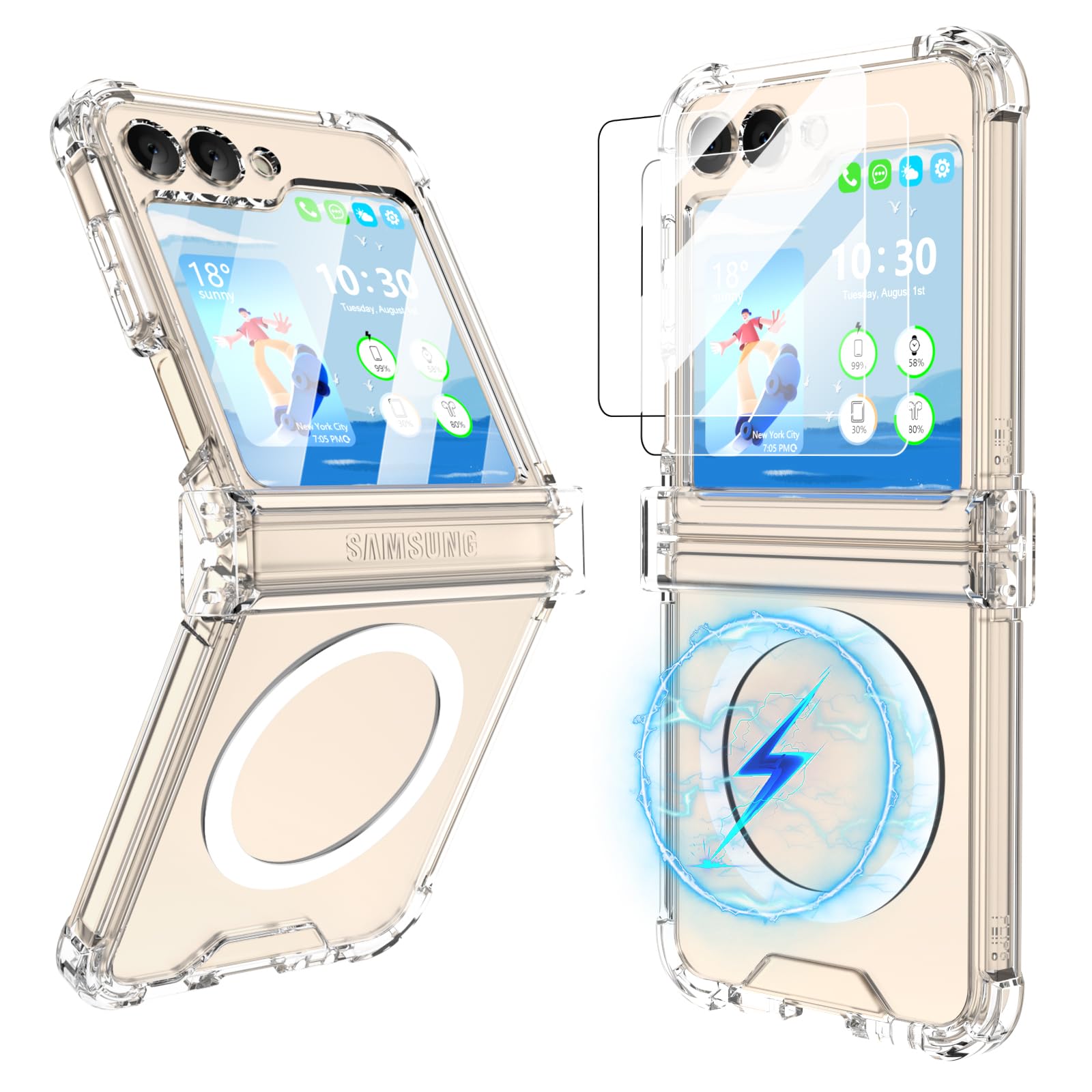 Designed for Samsung Galaxy Z Flip 6 Case with Hinge Protection & 2 Screen Protector Compatible with Magsafe Clear Phone Protection Cover Case for Z Flip 6 (Crystal)