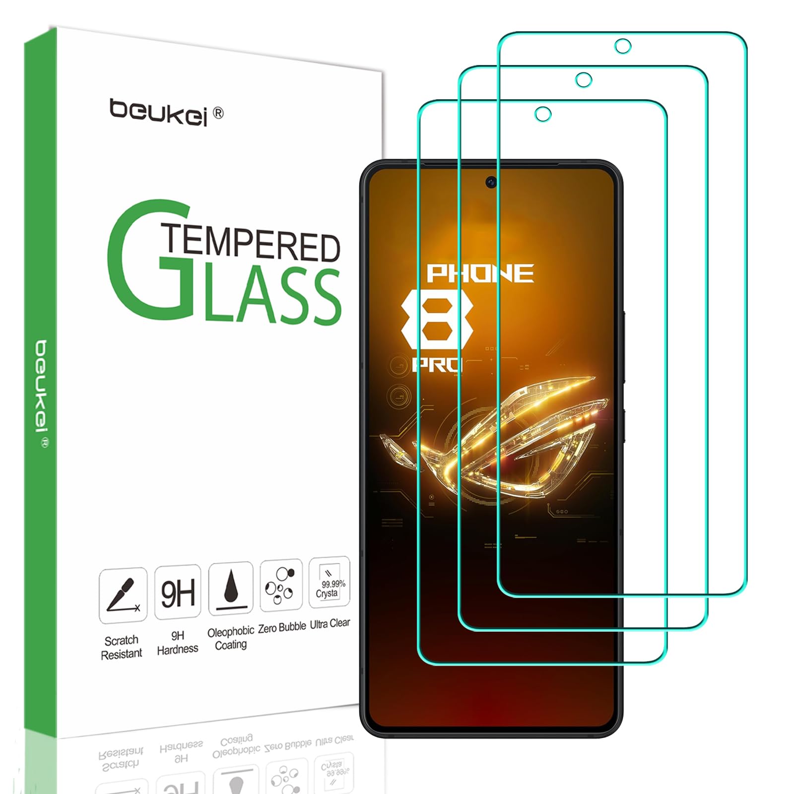 beukei (3 Pack) Designed for Asus ROG Phone 8Pro / Asus ROG Phone 8 Screen Protector Tempered GlassTouch SensitiveCase Friendly 9H Hardness
