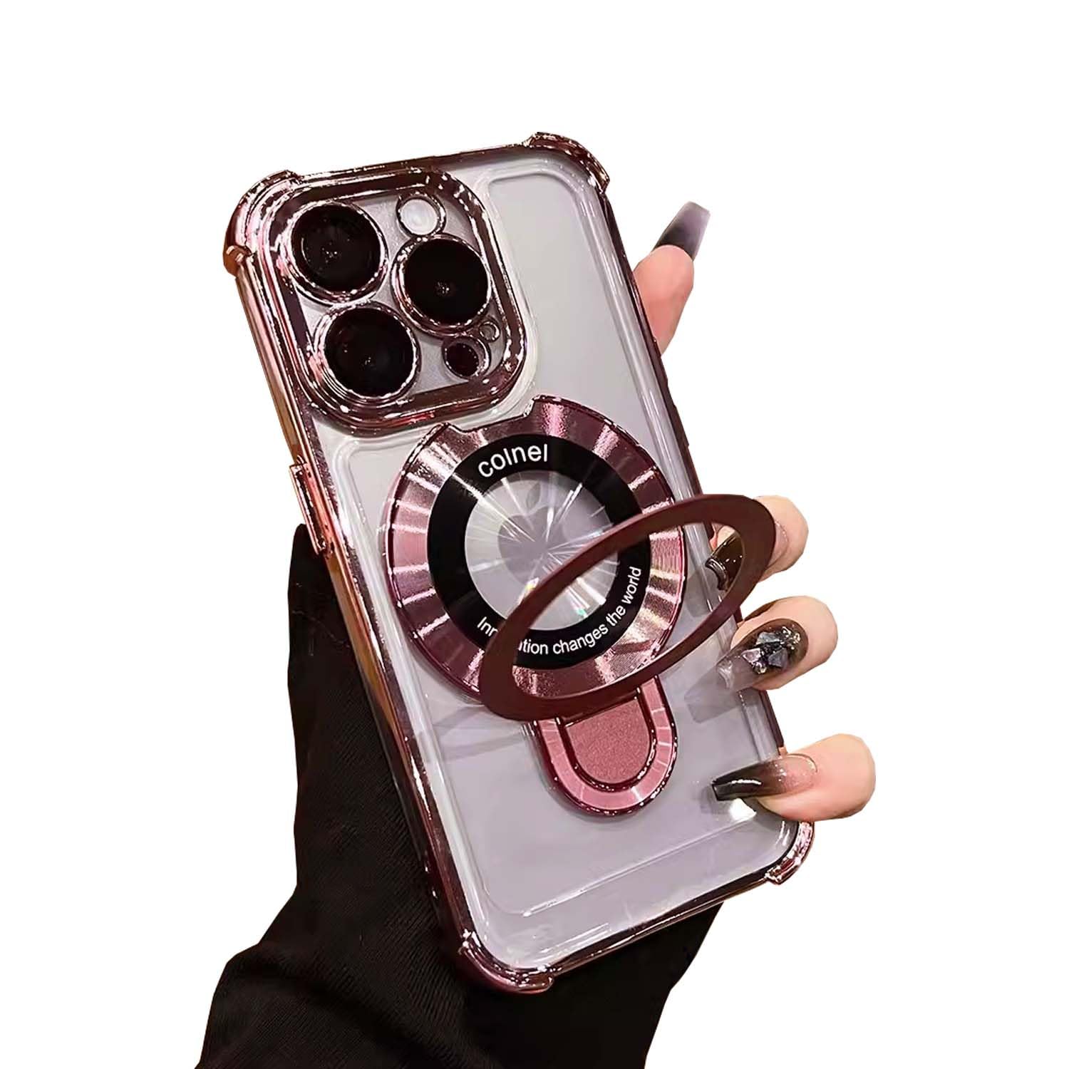 Faneiy Magnetic Stand Phone Case for iPhone 13 Pro Max Clear Case Compatible with MagSafeFour Corners Shockproof Luxury Plated Cellphone Case with Camera Len ProtectorPink