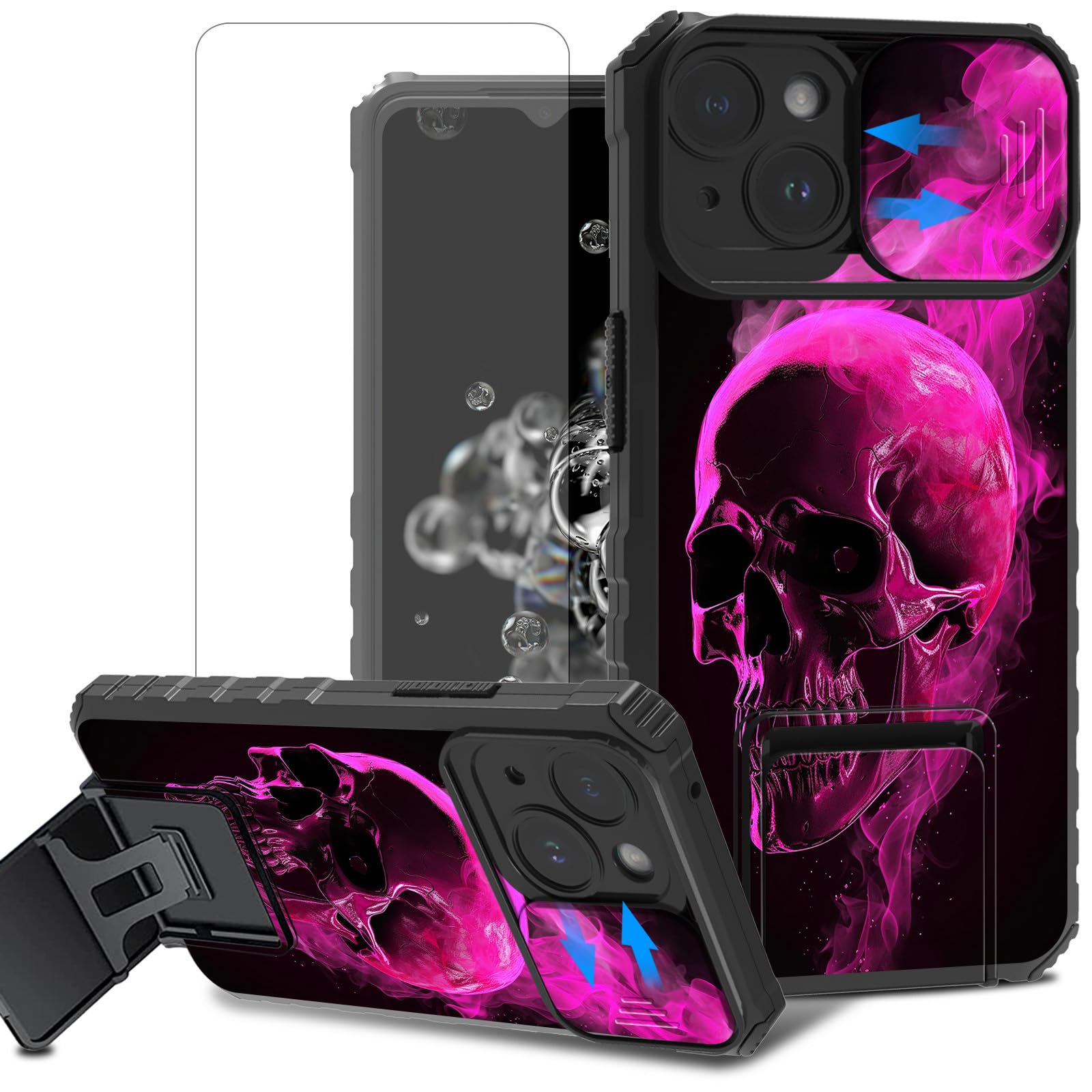 ACWDMKH for iPhone 15 Case with Stand & Camera Lens Protector Cover for iPhone 15 Case with Screen Protector Dual Layer Hybrid Heavy Duty Shockproof for iPhone 15 CasePink Skull