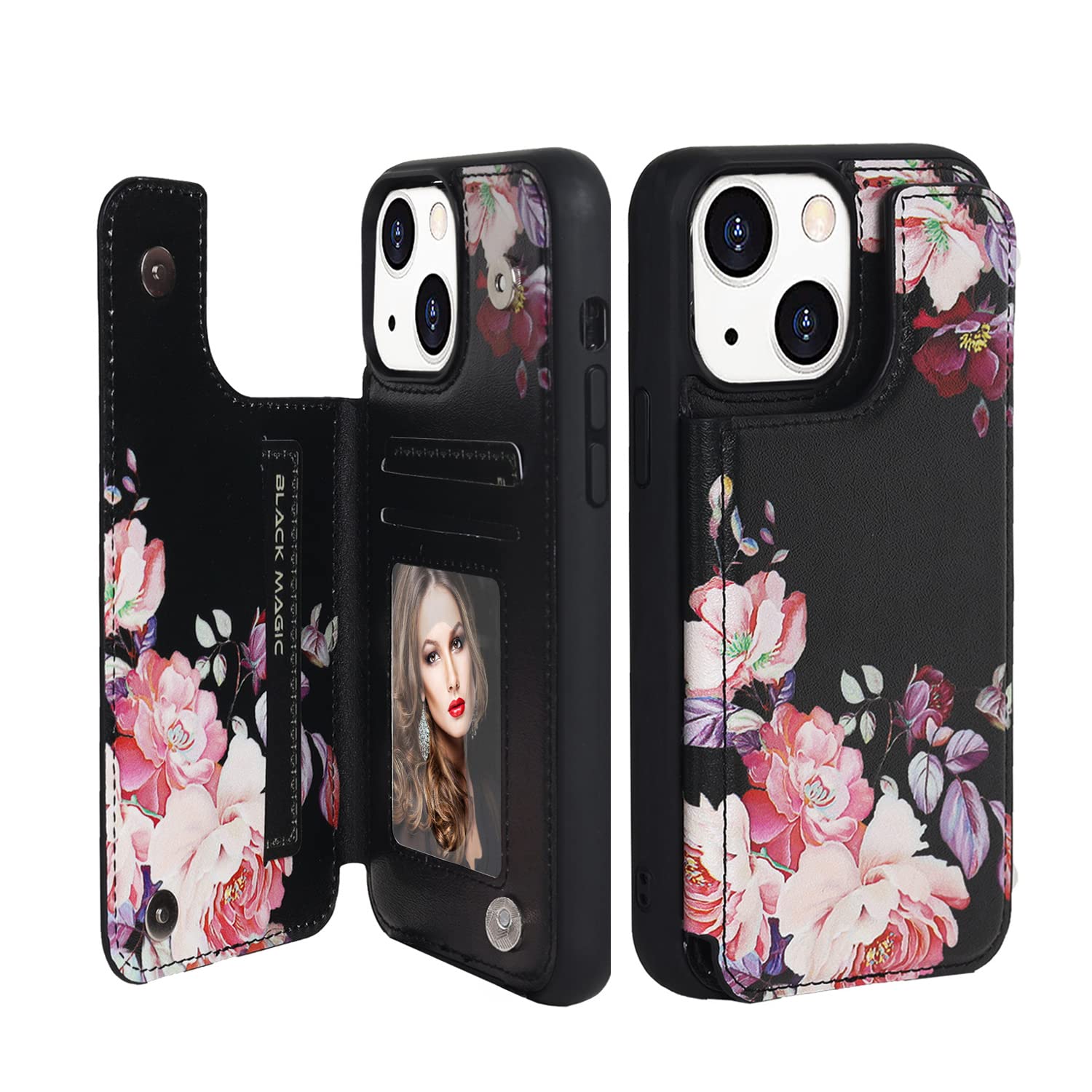 Crosspace Women Phone Wallet Case Compatible for iPhone 14 Plus with Card HolderPremuim Leather with Flowers Pattern add CharmsEasily 3 CardsKickstandRaised Coner Protections(Black6.7inch)