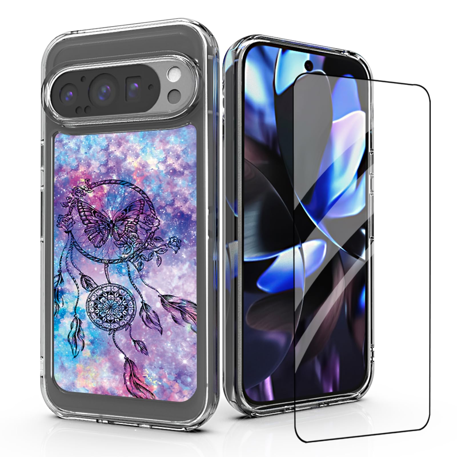DDTKZC for Google Pixel 9 Pro XL Phone Case Tempered Glass Protector Lustre Pattern Shockproof Phone Case (Purple for Google Pixel 9 Pro XL)