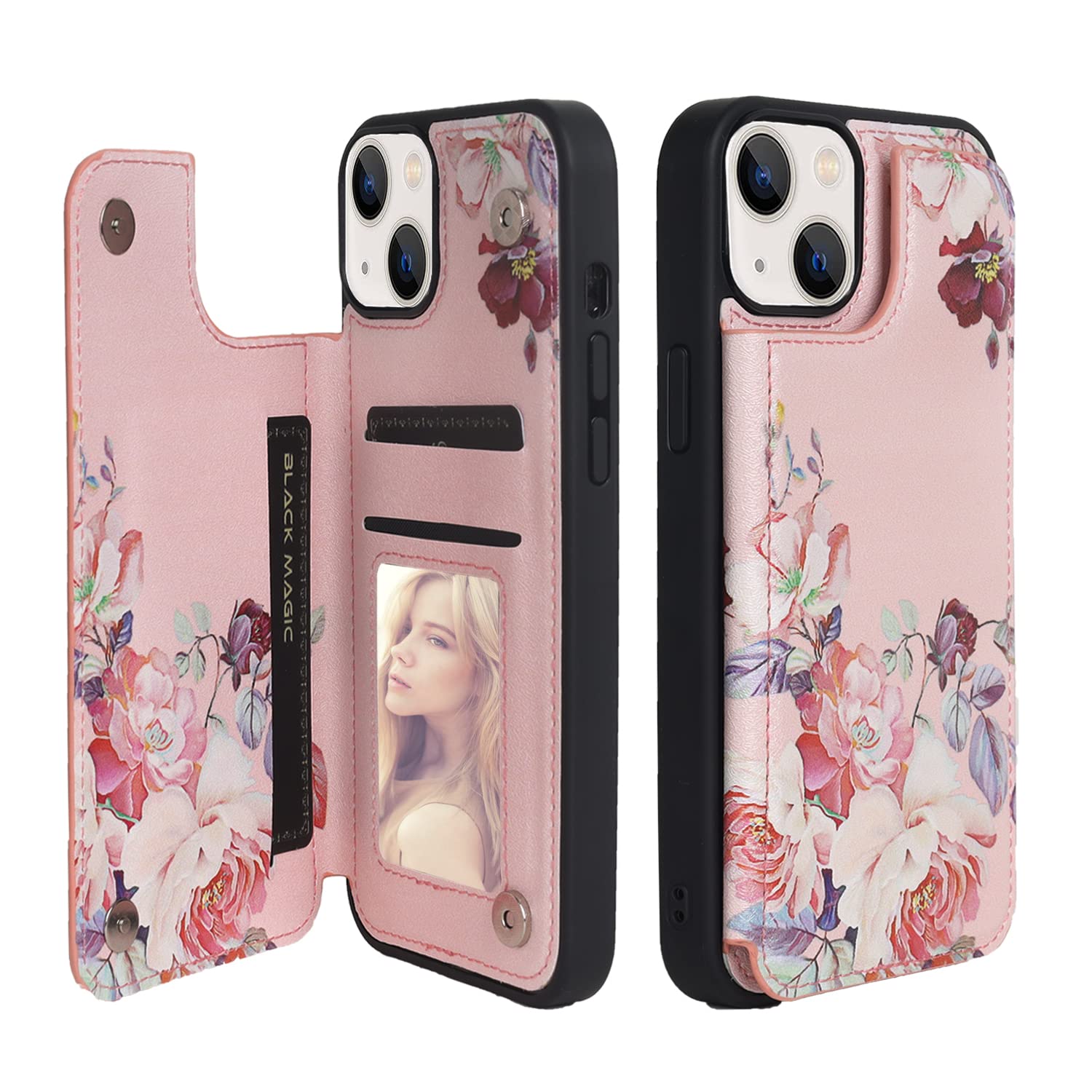 Crosspace Women Phone Wallet Case Compatible for iPhone 15 with Card HolderPremuim Leather with Flowers add Good Feelings CharmsEasily 3 CardsKickstandRaised Coner Protections(Pink6.1inch)